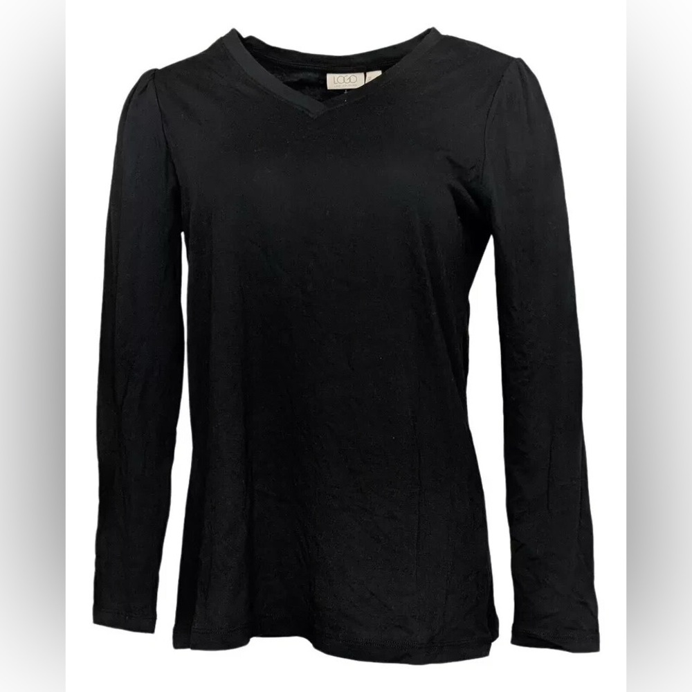 LOGO by Lori Goldstein The Tee 1X V-neck Black Long Sleeve Puff Sleeve Cotton